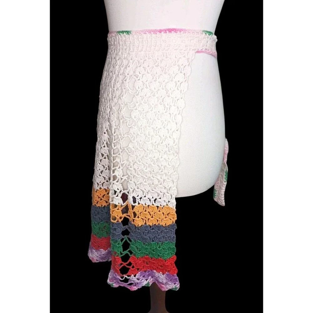Vintage Cotton Hand Crochet Half Apron White w/ Rainbow Stripes Hand Made BEAUTY